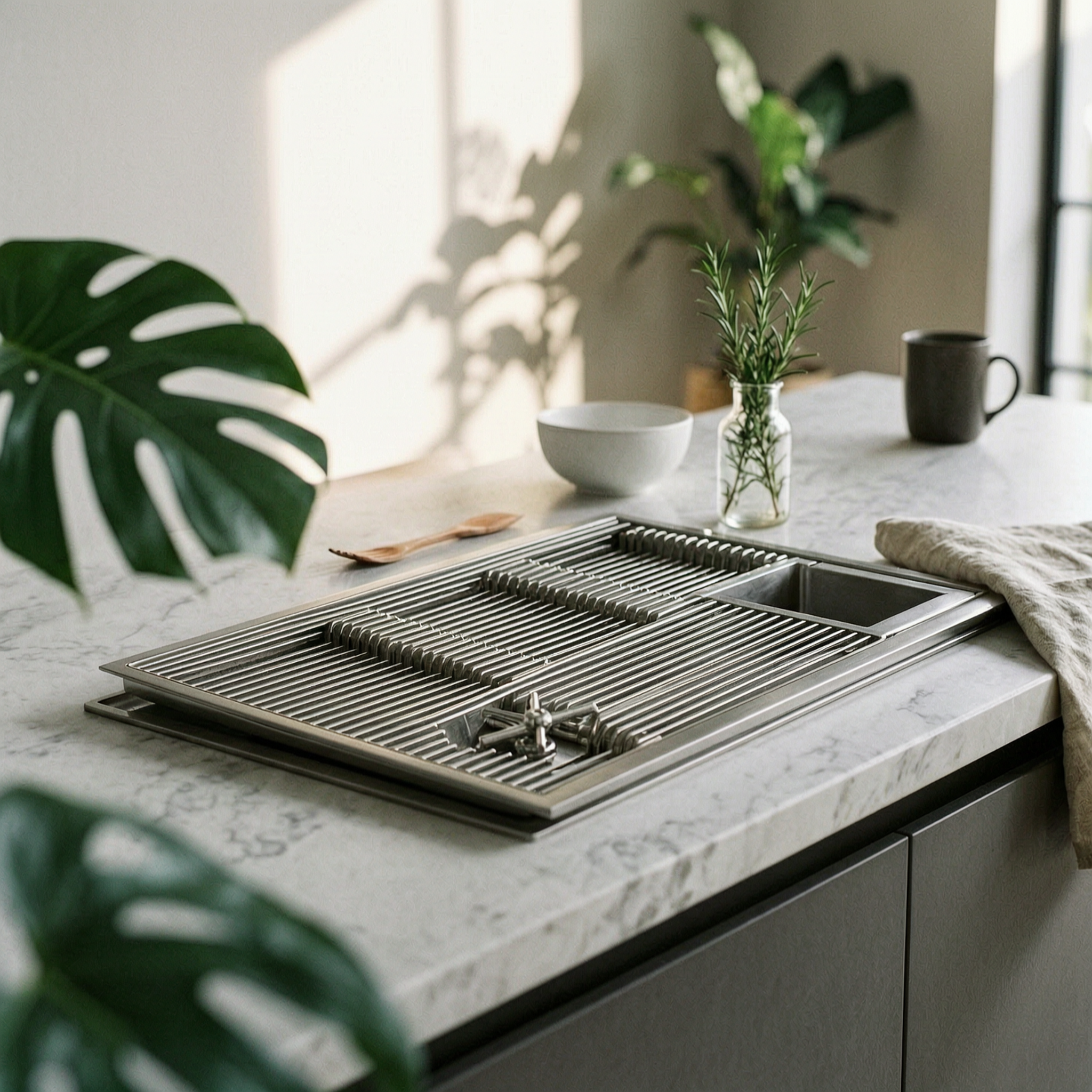 Tea Coffee Set Up - Sleek Recessed Stainless Steel Drainer Tray